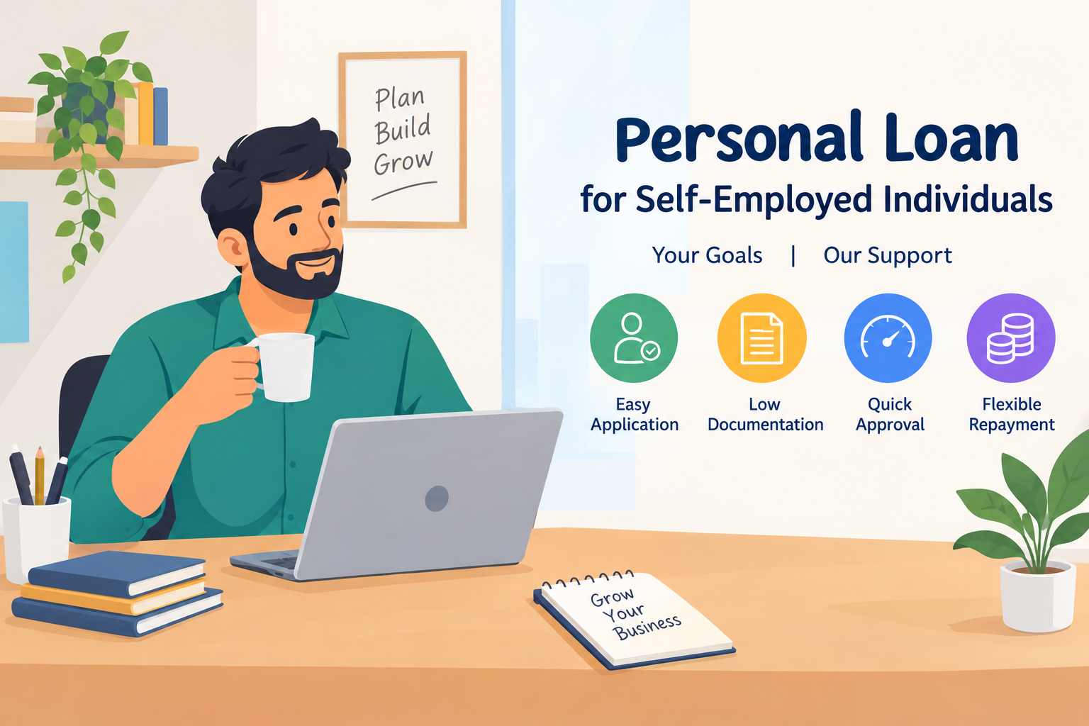 Personal loan for self-employed individuals in India, highlighting easy online application, minimal documentation, quick approval, and flexible repayment options to support financial needs and business growth